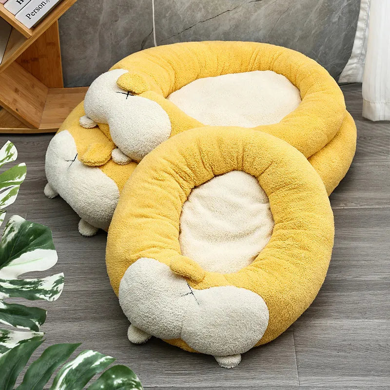 Corgi-shaped soft plush pet bed for dogs and cats, filled with PP cotton, shown in grey.