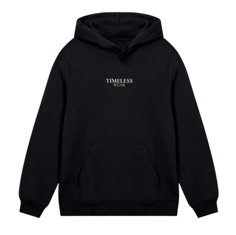 Drop shoulder loose solid colour polyester hooded sweatshirt pullover in white on a model