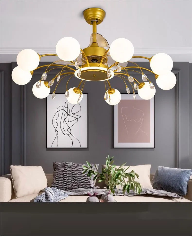 Ceiling fan lamp with chandelier design featuring multiple light heads and metal blades in black finish