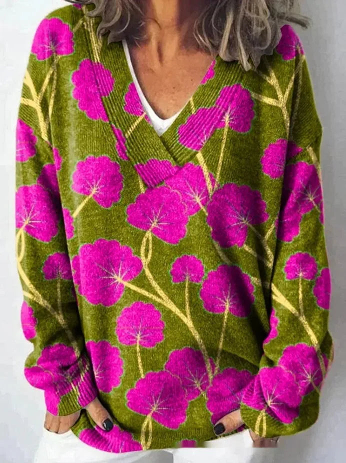 Women's floral printed sweatshirt with 3D pattern effect, V-neck pullover style in wool woven polyester fabric