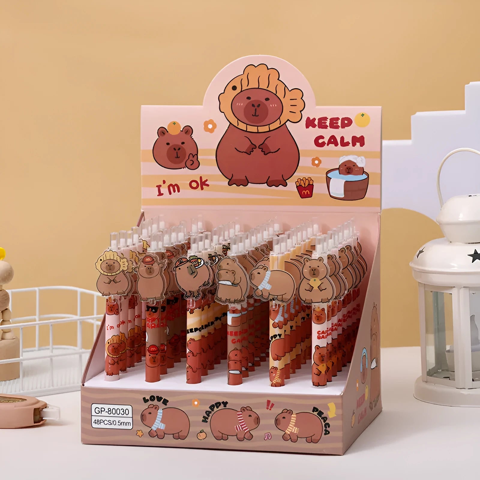 Box of 48 cartoon bear themed acrylic paster pressing gel pens with carbon black ink.