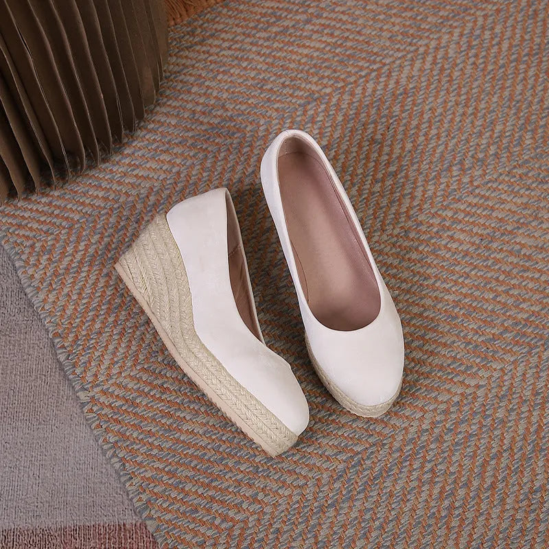 Apricot wedge thick bottom high heel pumps with shallow mouth and rope detail sole.