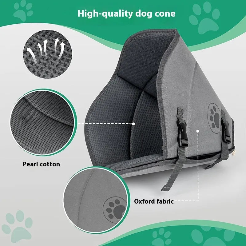 A grey adjustable polyester ring collar for pet sterilisation, shown in single and double layer styles.