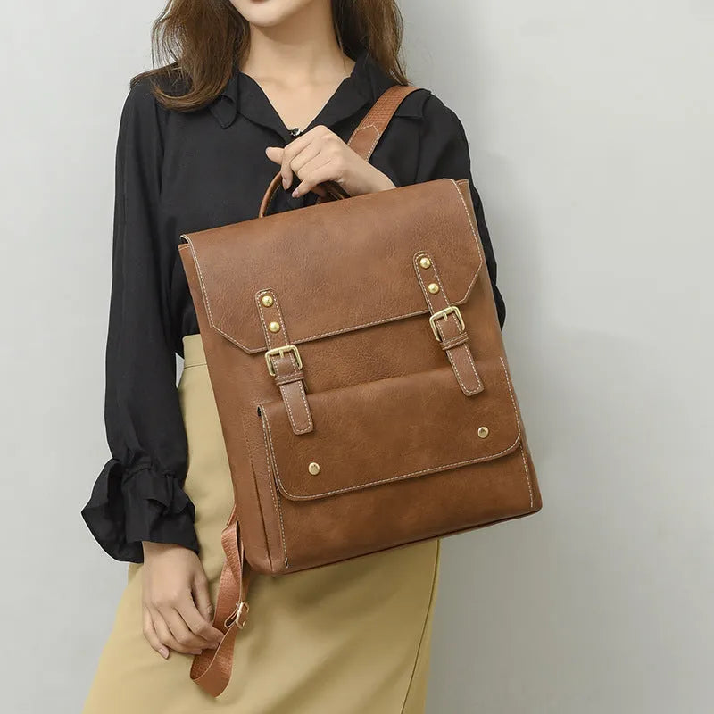 Korean style retro simple backpack in soft PU material, shown in one of four neutral colour options.