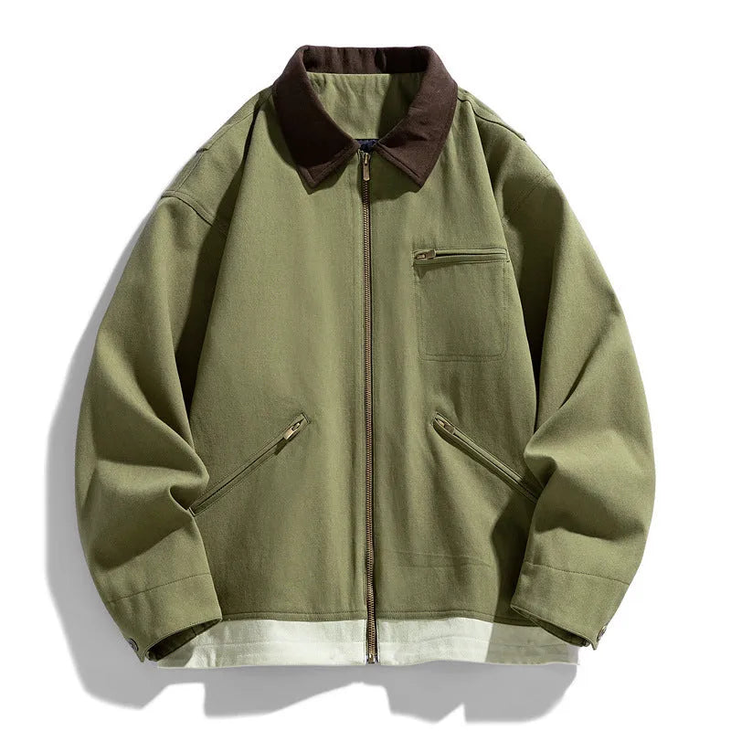 Korean style men's loose fit autumn jacket with contrast colour lapels and side seam pockets