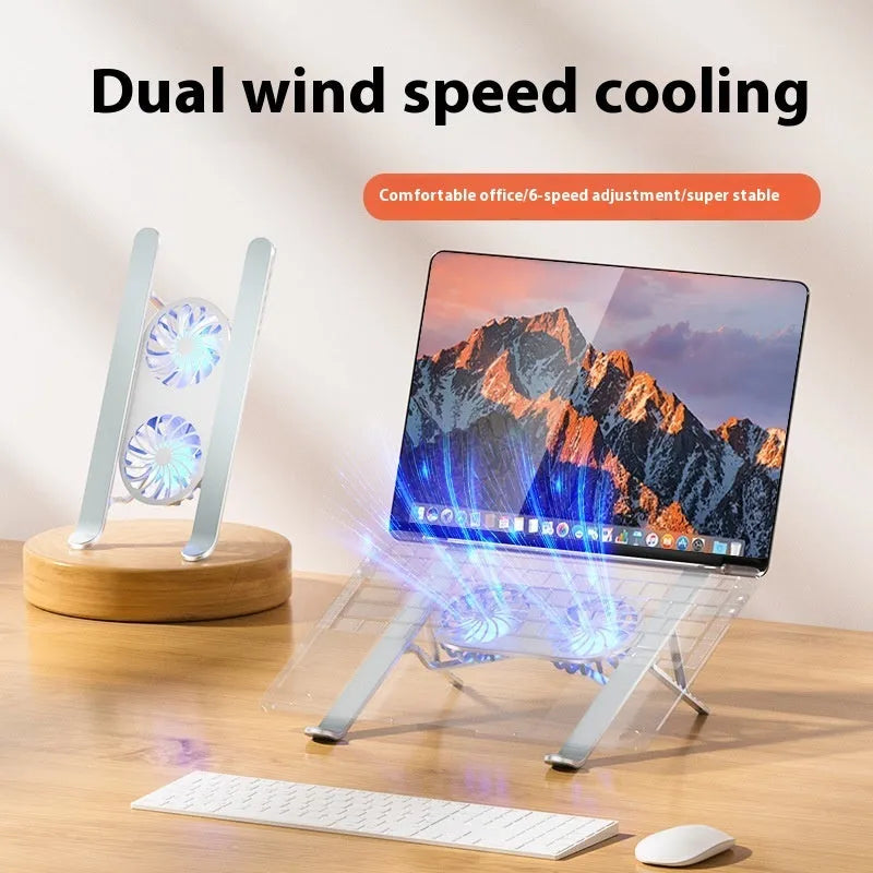 Silver aluminium alloy laptop cooling stand with twin fans in folded position