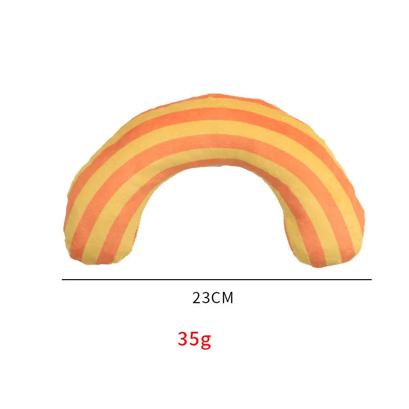 Cat toy set with striped pillow and noise toy measuring 23x20cm in green, rainbow, or yellow colours