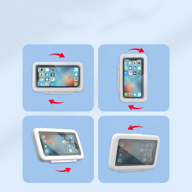 Waterproof phone holder mounted on bathroom tile showing mobile phone visible through anti-fog window