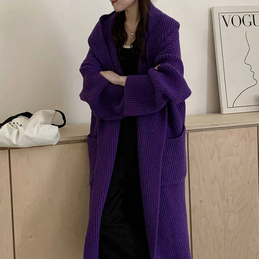 Women's loose hooded cardigan coat in 80cm length with raglan sleeves in five colour options