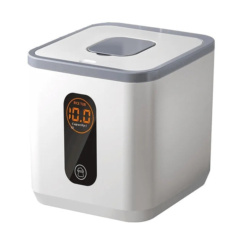 Grey plastic rice storage jar with sealed lid and measuring cup in 10kg, 20kg, and 30kg capacity options
