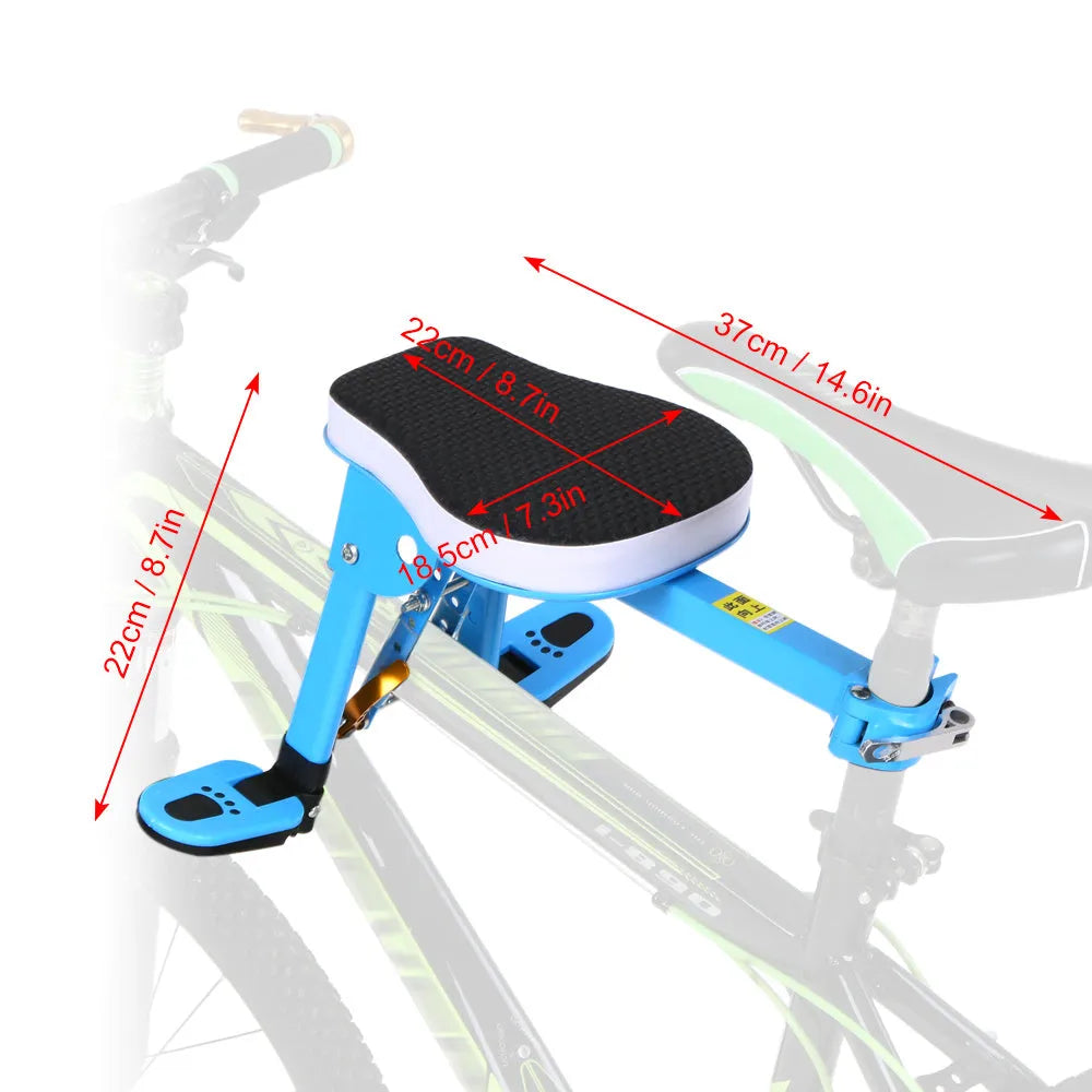 Front bicycle child seat with padded cushion and foldable pedal mounted on a bike