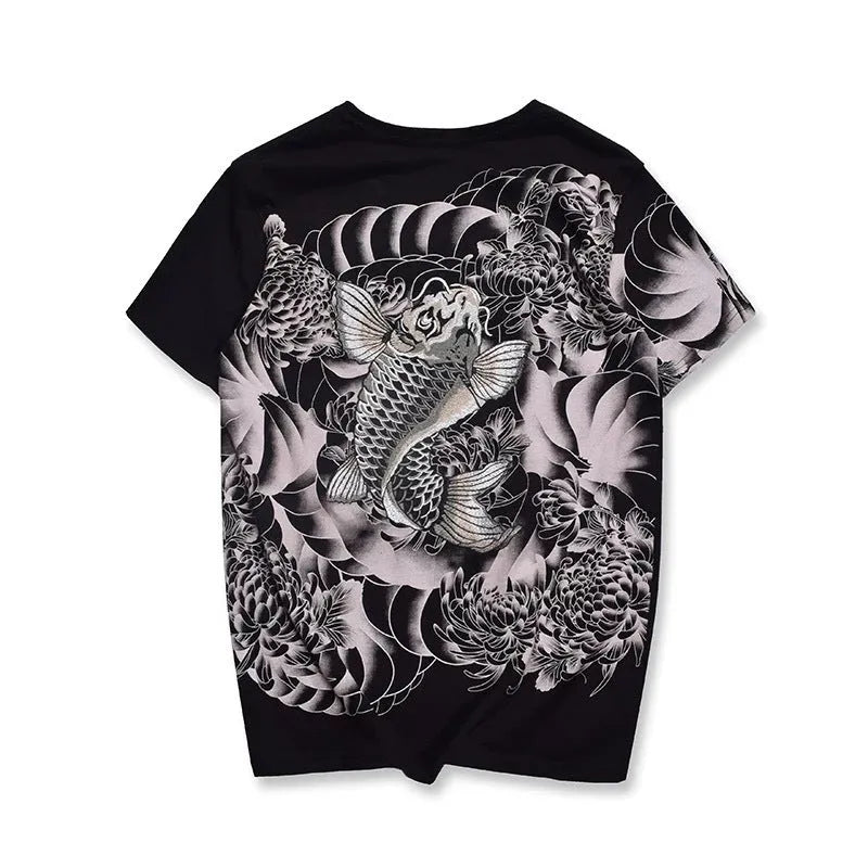 Chinese style embroidery T-shirt with carp tattoo pattern, 100% cotton, loose fit, round neck, short sleeves, available in black and white