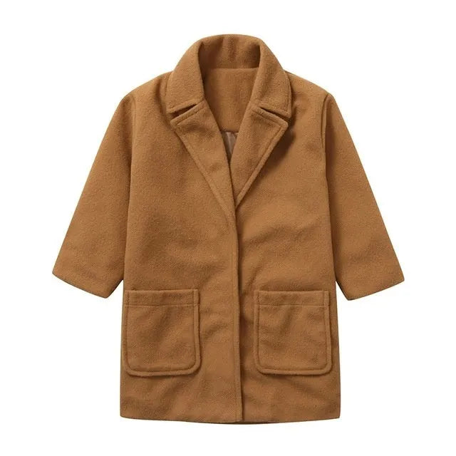 Children's brown woolen coat with suit collar and long sleeves