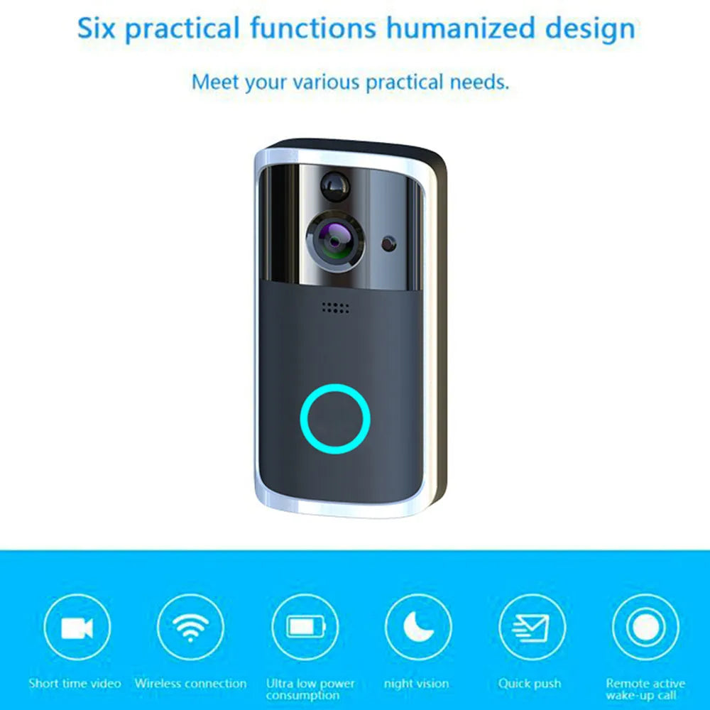 WiFi video doorbell camera in black with two-way voice intercom and infrared night vision for remote home monitoring