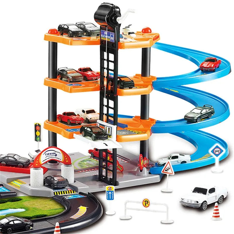 Multi-coloured 3D parking lot model toy made from ABS plastic for children's DIY assembly and spatial thinking play