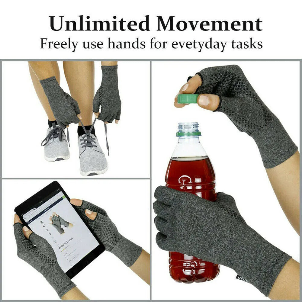 Grey half-finger joint compression gloves made from trueran spandex fabric with anti-slip grip surface