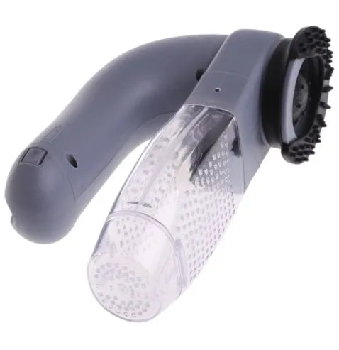 Grey portable pet hair removal vacuum with soft rubber head and large collection canister