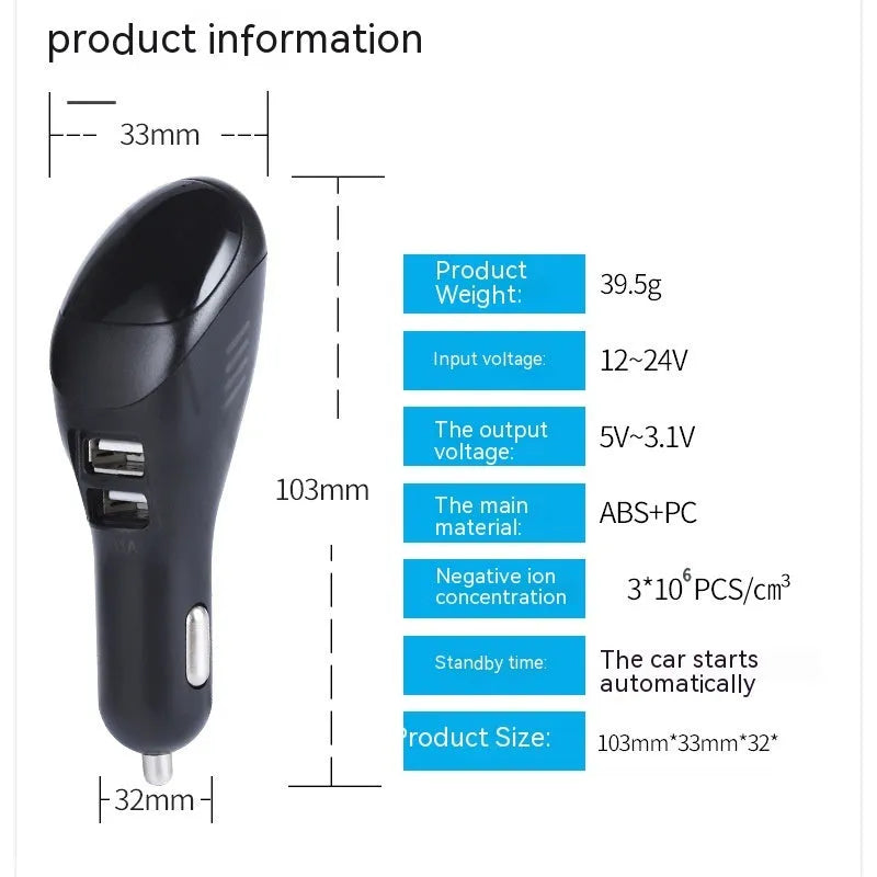 White car USB charger with negative ion air purifier showing compact 103mm dimensions
