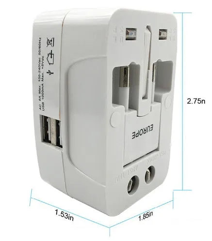 Universal travel adapter plug showing multiple international plug configurations including UK, EU, Australian, Chinese and US compatibility