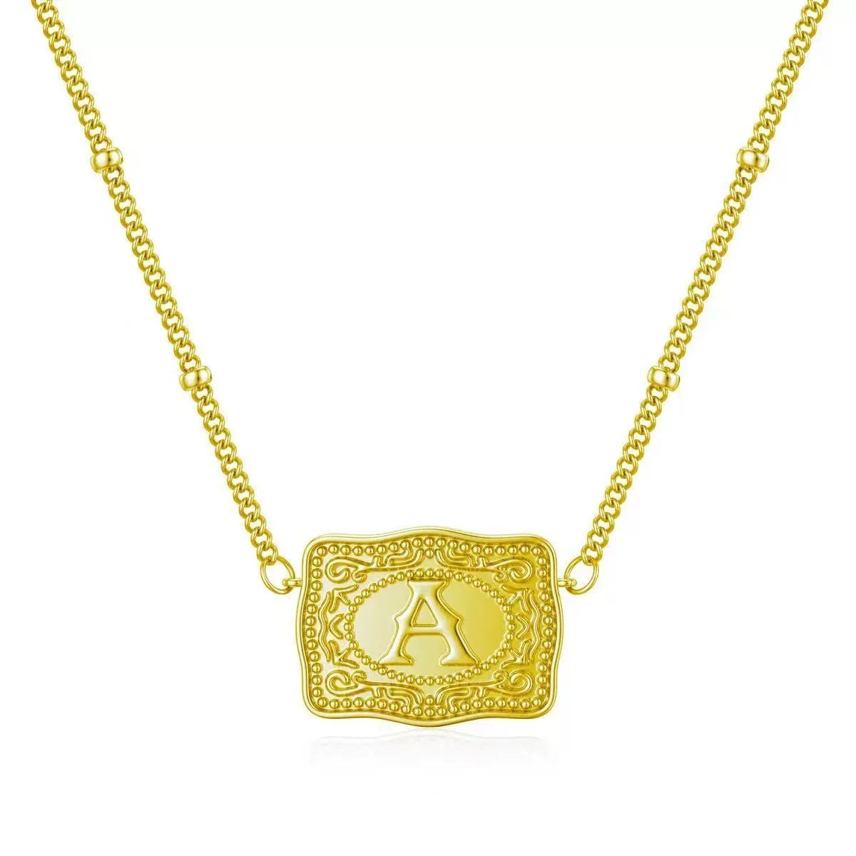 Electroplated copper personalised letter necklace showing gold and white K colour options with alphabet character selection