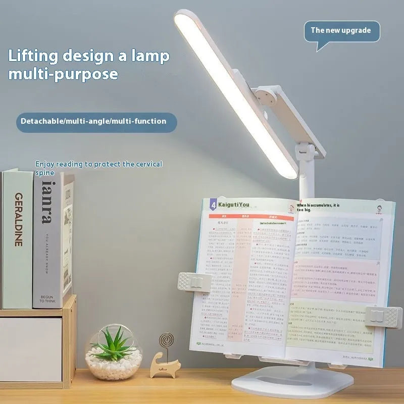 A white adjustable table lamp with a bookshelf design, shown on a desk, highlighting its dual-power and colour temperature features.