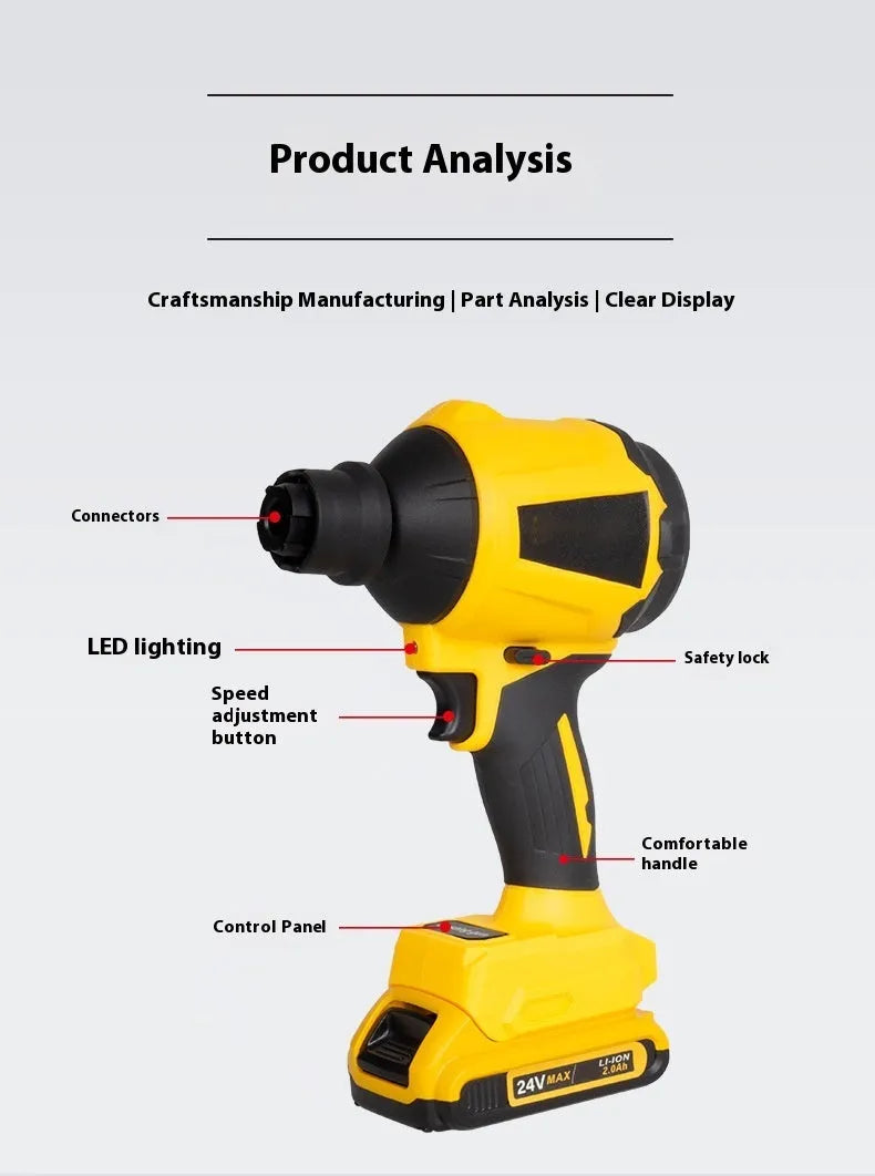 Yellow handheld cordless dust gun blower with accessories for office and home cleaning