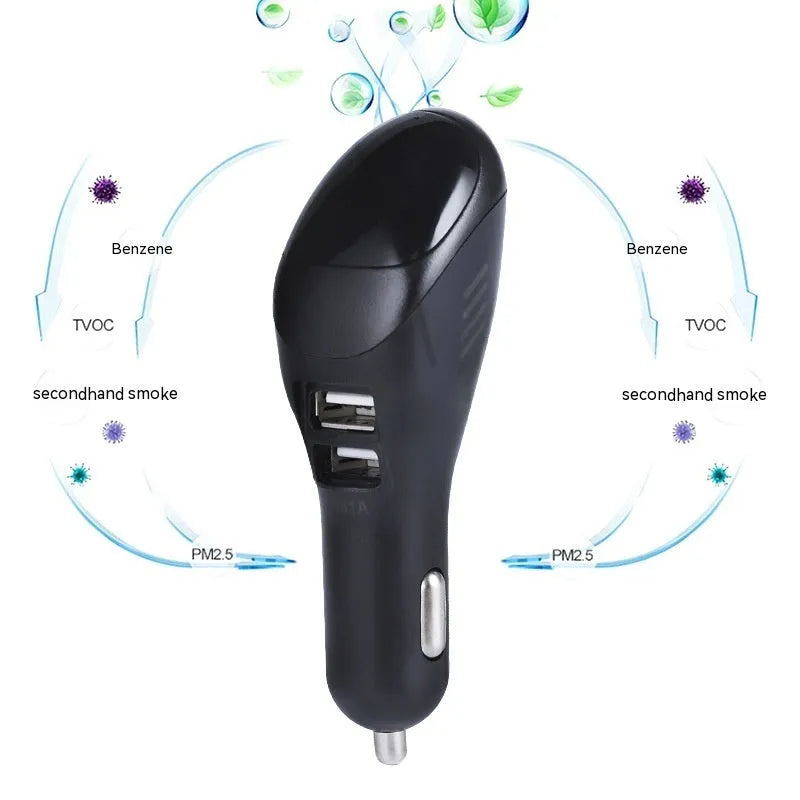 White car USB charger with negative ion air purifier showing compact 103mm dimensions