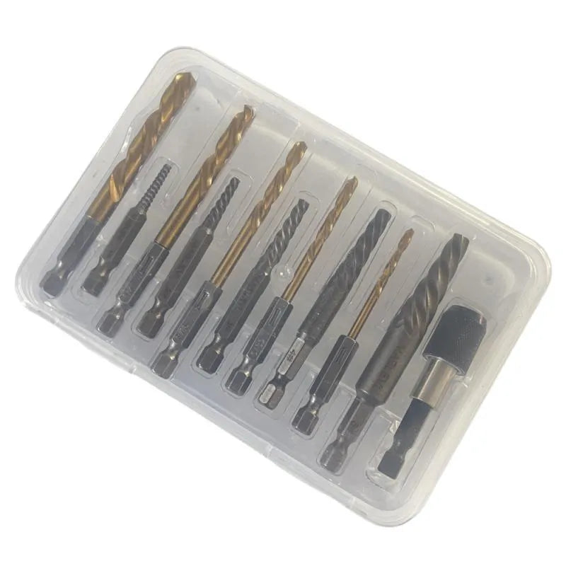 Silver household hexagonal handle screw extractor suit 12 pieces on a wooden surface