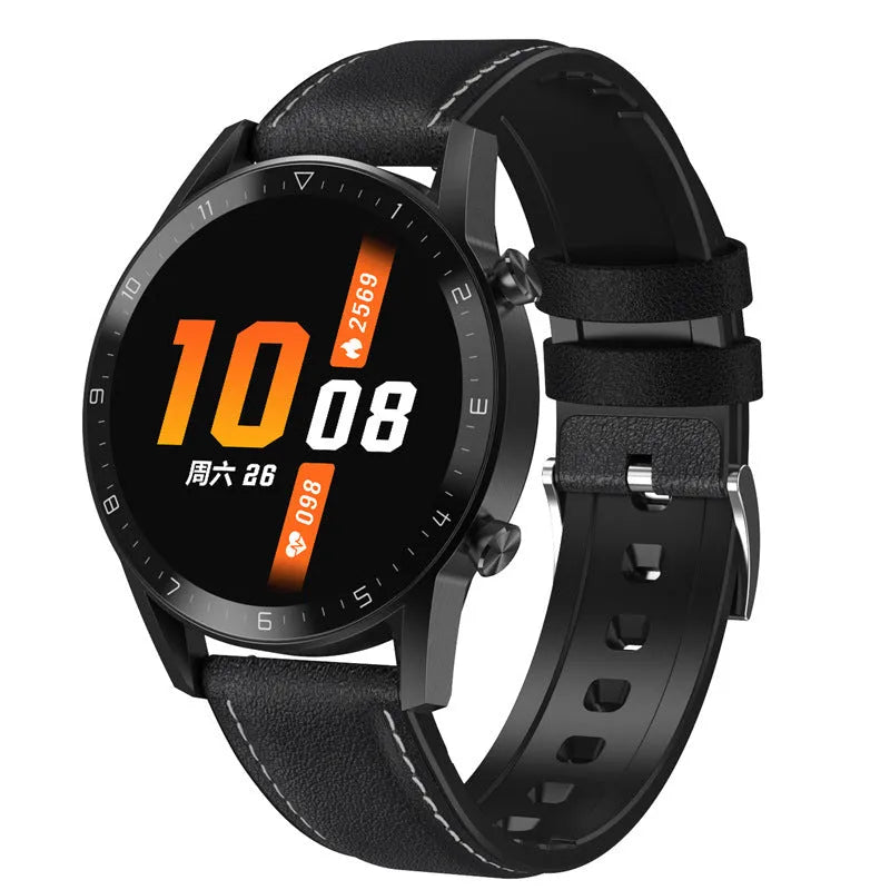 Black sports watch with 1.3-inch touchscreen display and leather strap showing step counting interface