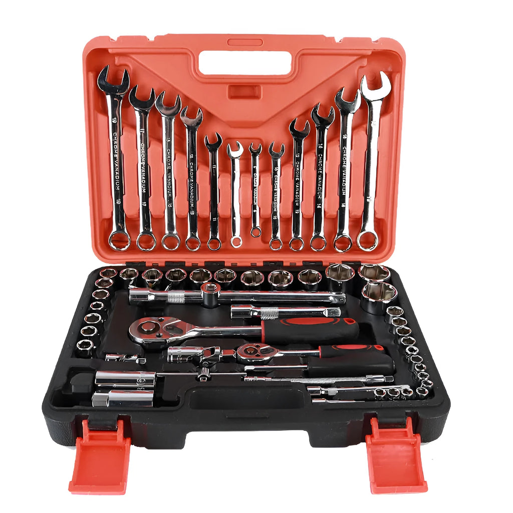 61-piece chrome vanadium steel car repair socket and wrench tool set with ratchets, laid out in case.