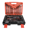 61-piece chrome vanadium steel car repair socket and wrench tool set with ratchets, laid out in case.