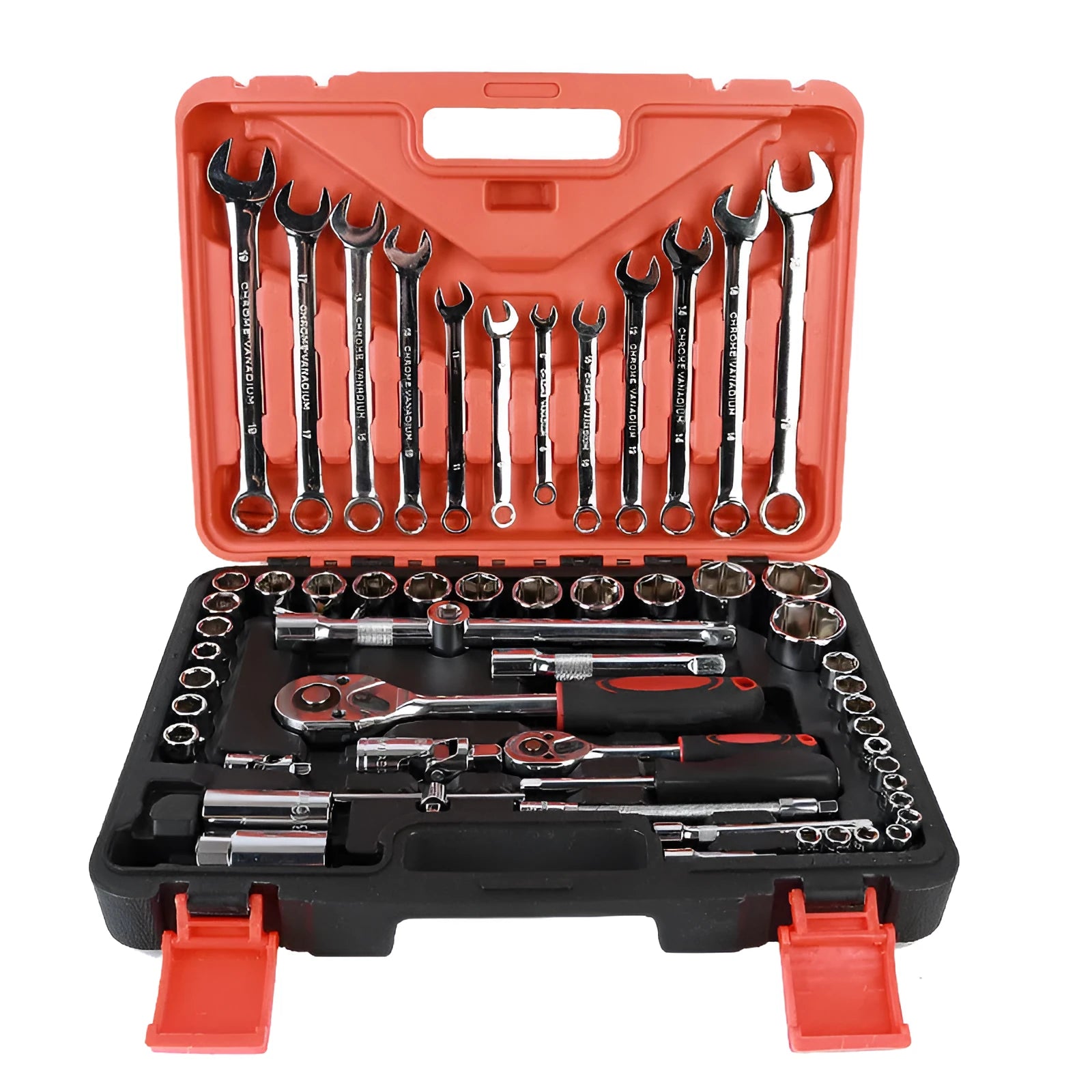 61-piece chrome vanadium steel car repair socket and wrench tool set with ratchets, laid out in case.