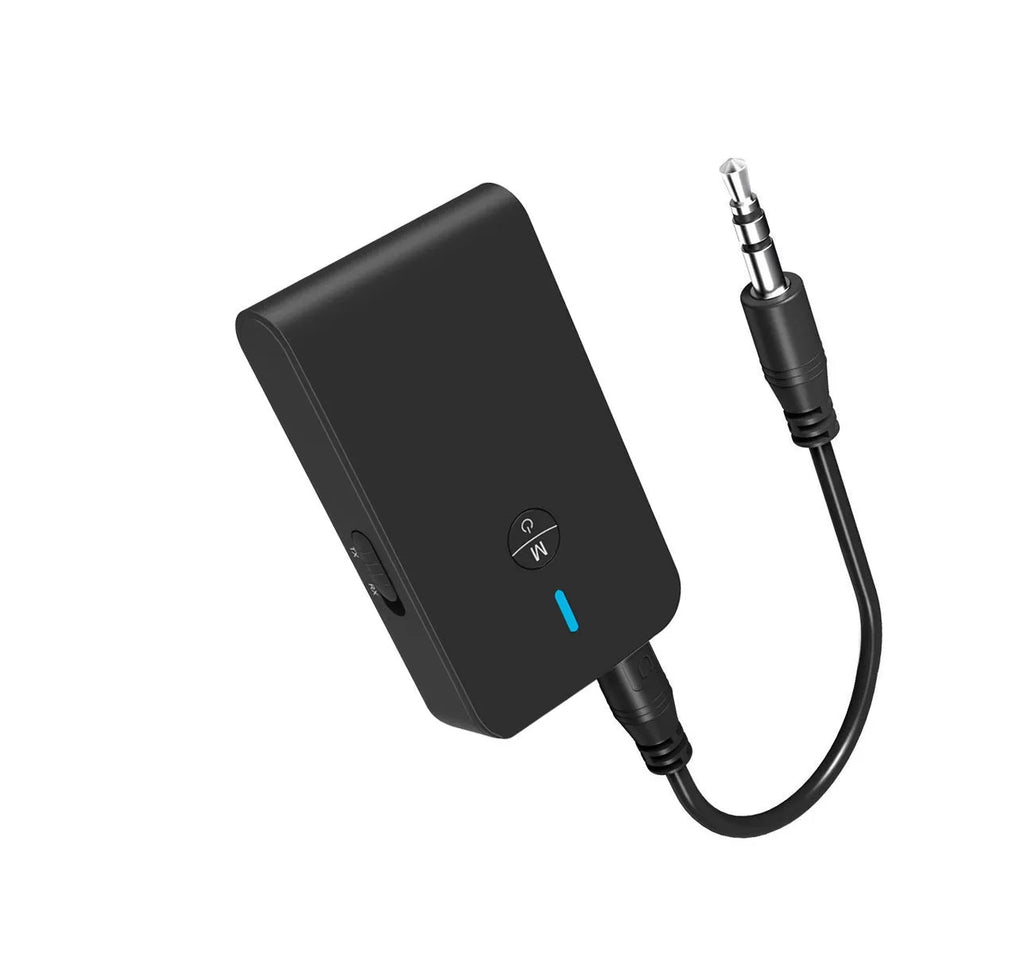 Black Bluetooth adapter with 3.5mm AUX connector and external power supply