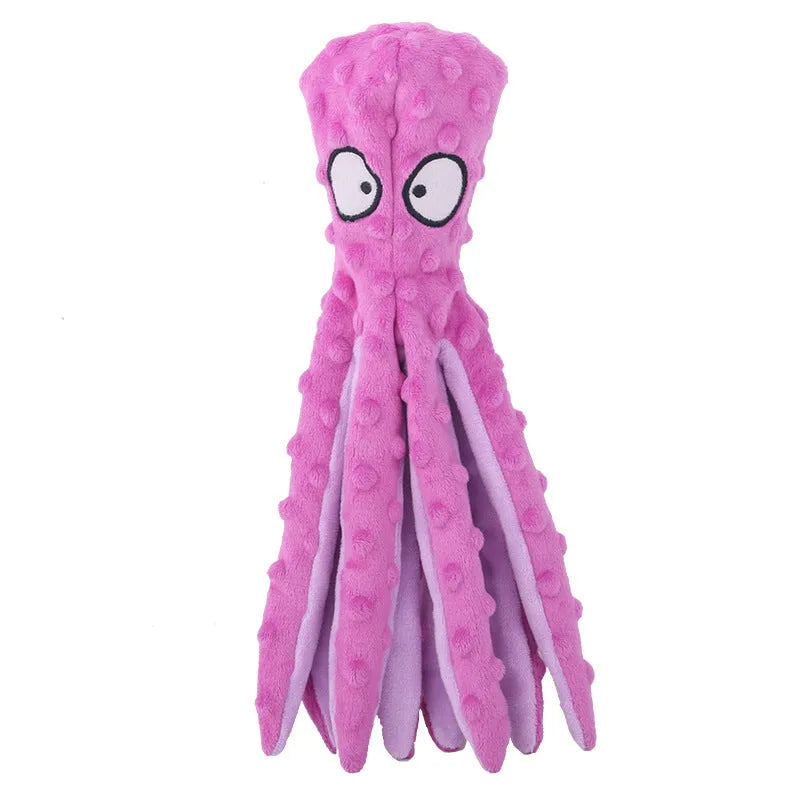Blue octopus-shaped dog squeaky toy with no stuffing and crinkle sounds for chewing
