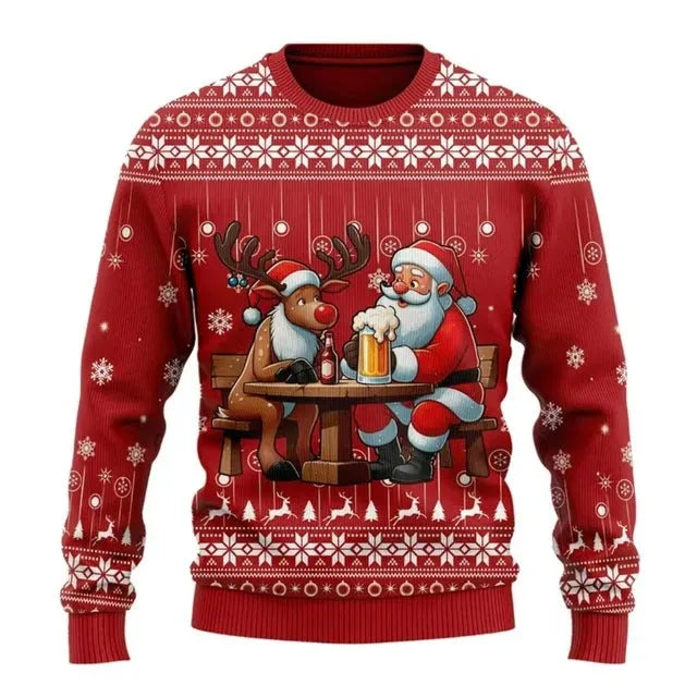 Men's creative Santa beer pattern fashion hoodie in loose fit polyester fibre, beige colour, long sleeves
