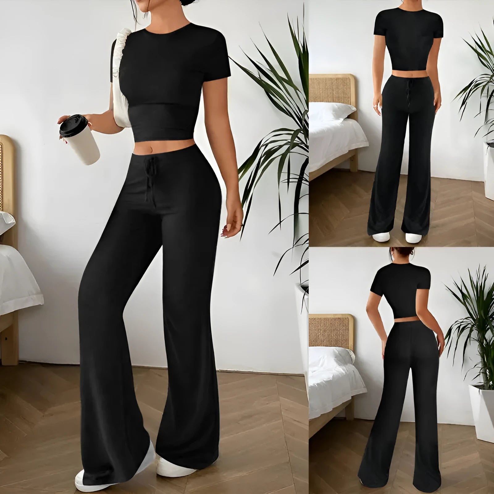 Black women's high waist trousers and short sleeve t-shirt co-ord set on a hanger.