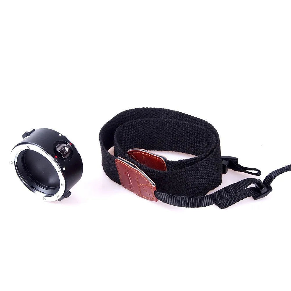Aluminium camera lens flipper holder for Nikon F-mount with stainless steel buckle and cotton shoulder strap