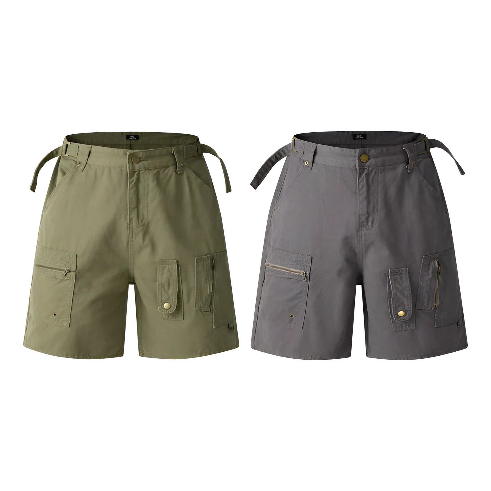 Retro loose-fit washed cotton shorts in grey, shown with a zipper and half elastic band.