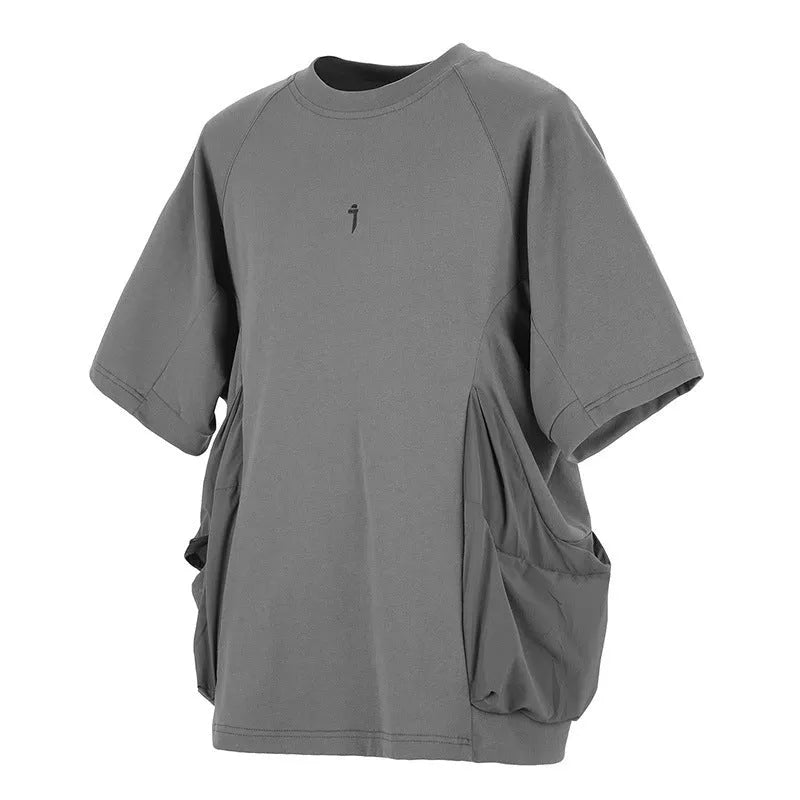 Men's loose grey cotton T-shirt with big pockets and round neck