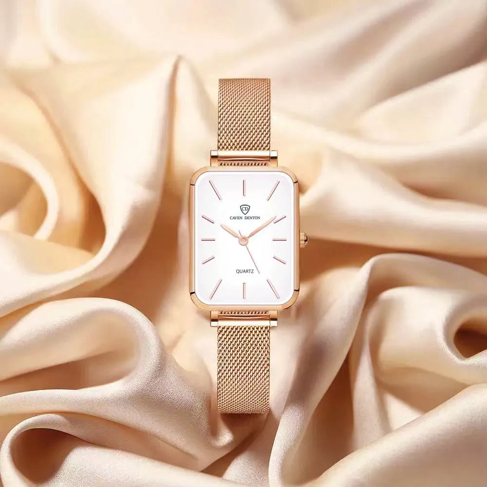Women's waterproof quartz watch with alloy case and woven steel strap
