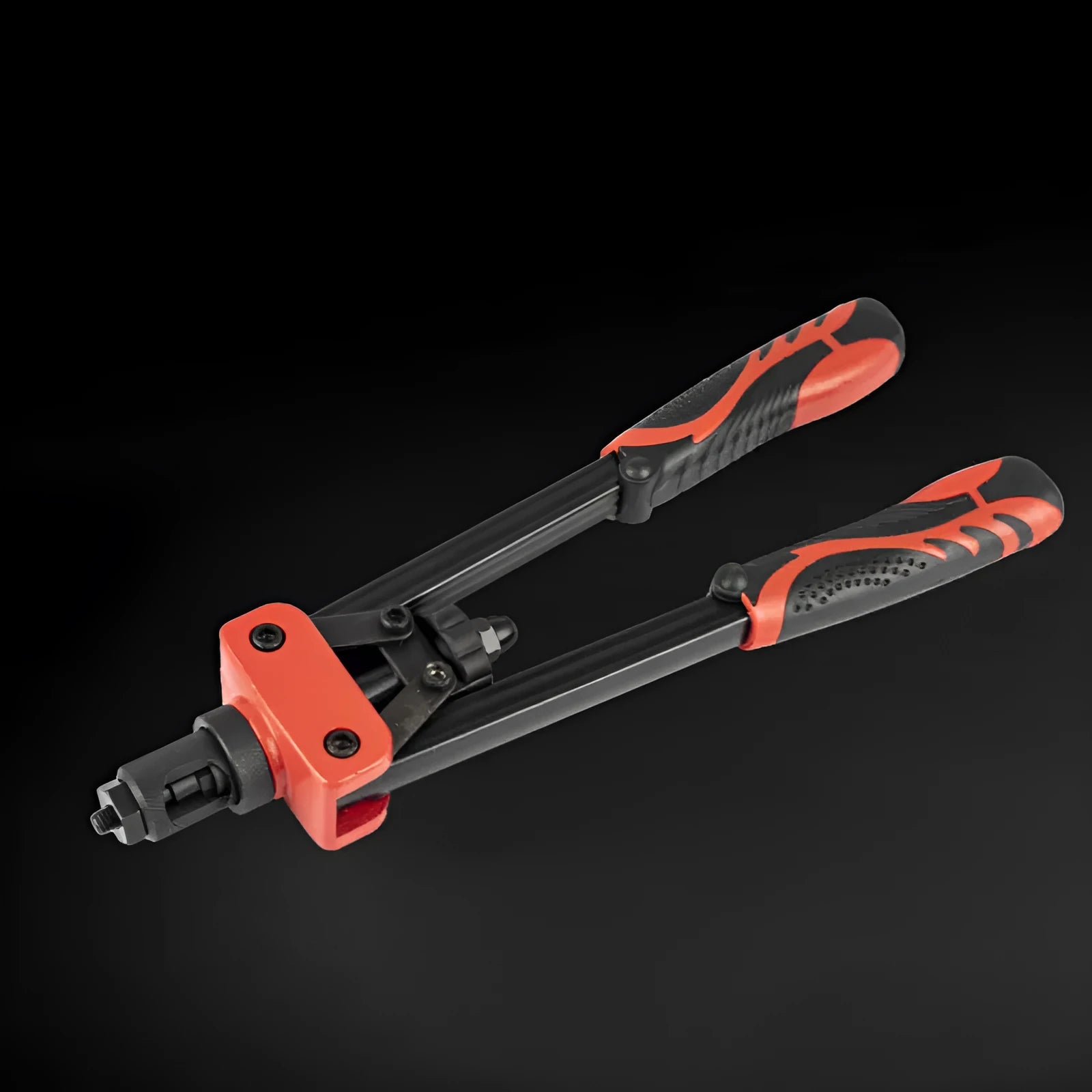 CQ14 14-inch alloy rivet nut gun with set of six M3 to M10 interchangeable tips on a workbench.