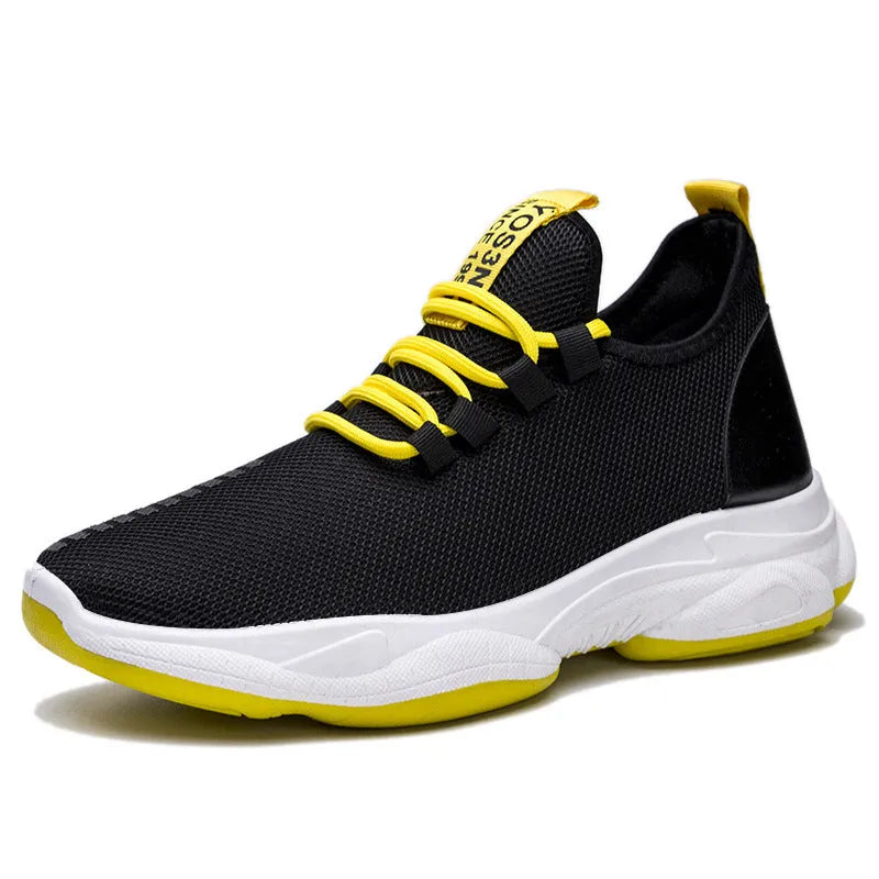 Men's black white mesh lace-up casual sneakers flat heel round toe
