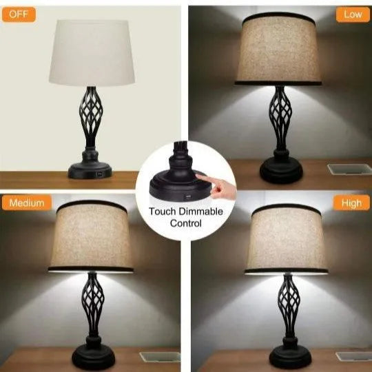 European style alloy metal bedside lamp with touch controls and USB charging socket