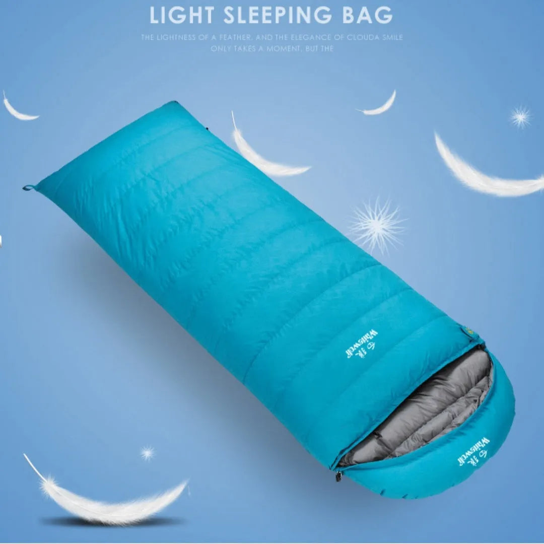 Black adult outdoor sleeping bag with goose down filler and tear-resistant nylon fabric