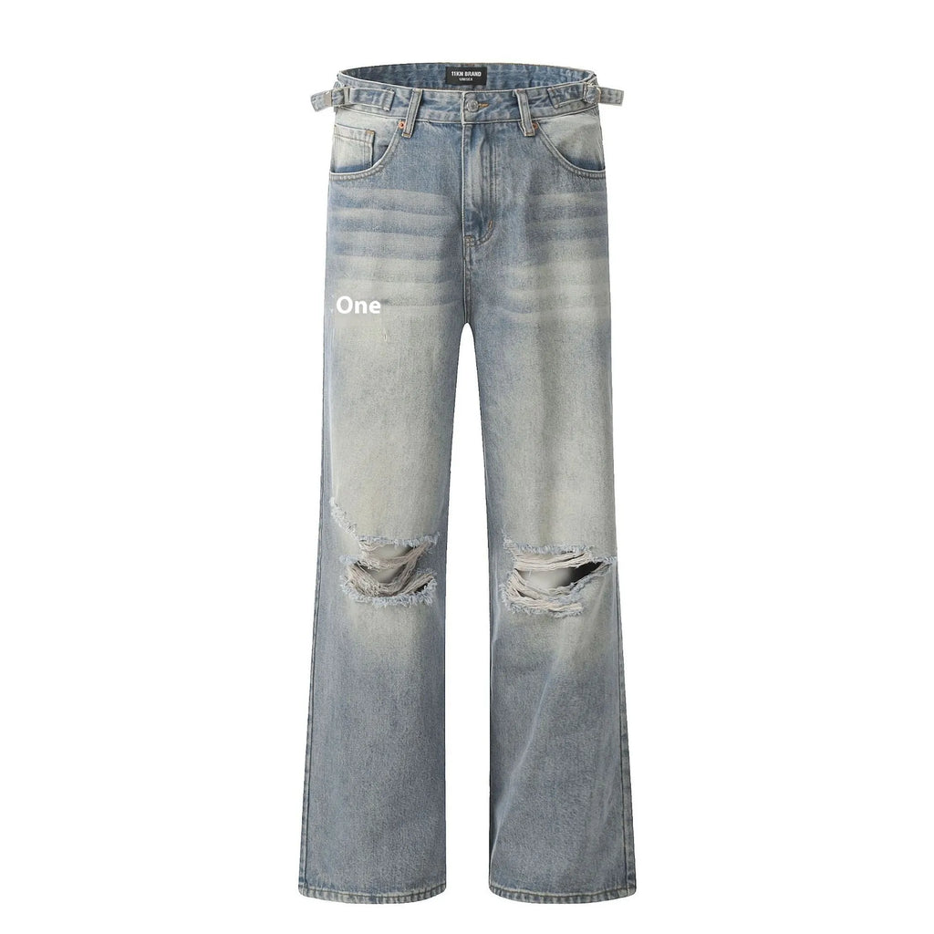 Blue straight-leg men's jeans with a zip fly, shown laid flat.