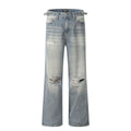 Blue straight-leg men's jeans with a zip fly, shown laid flat.