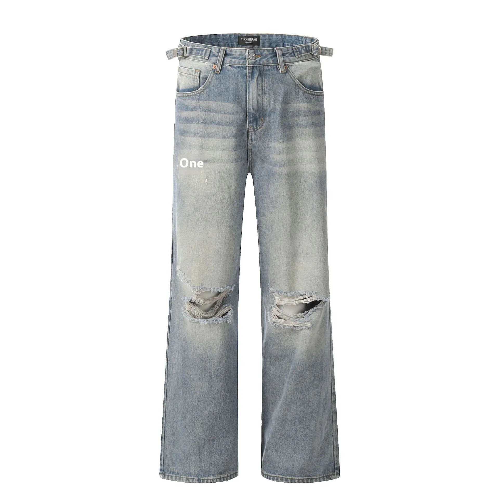 Blue straight-leg men's jeans with a zip fly, shown laid flat.