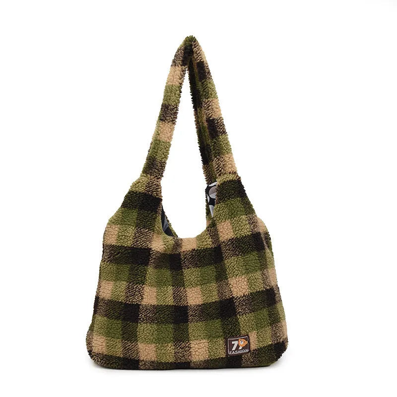 Women's plaid plush crossbody tote bag in army green, orange, or purple with interior organisation pockets