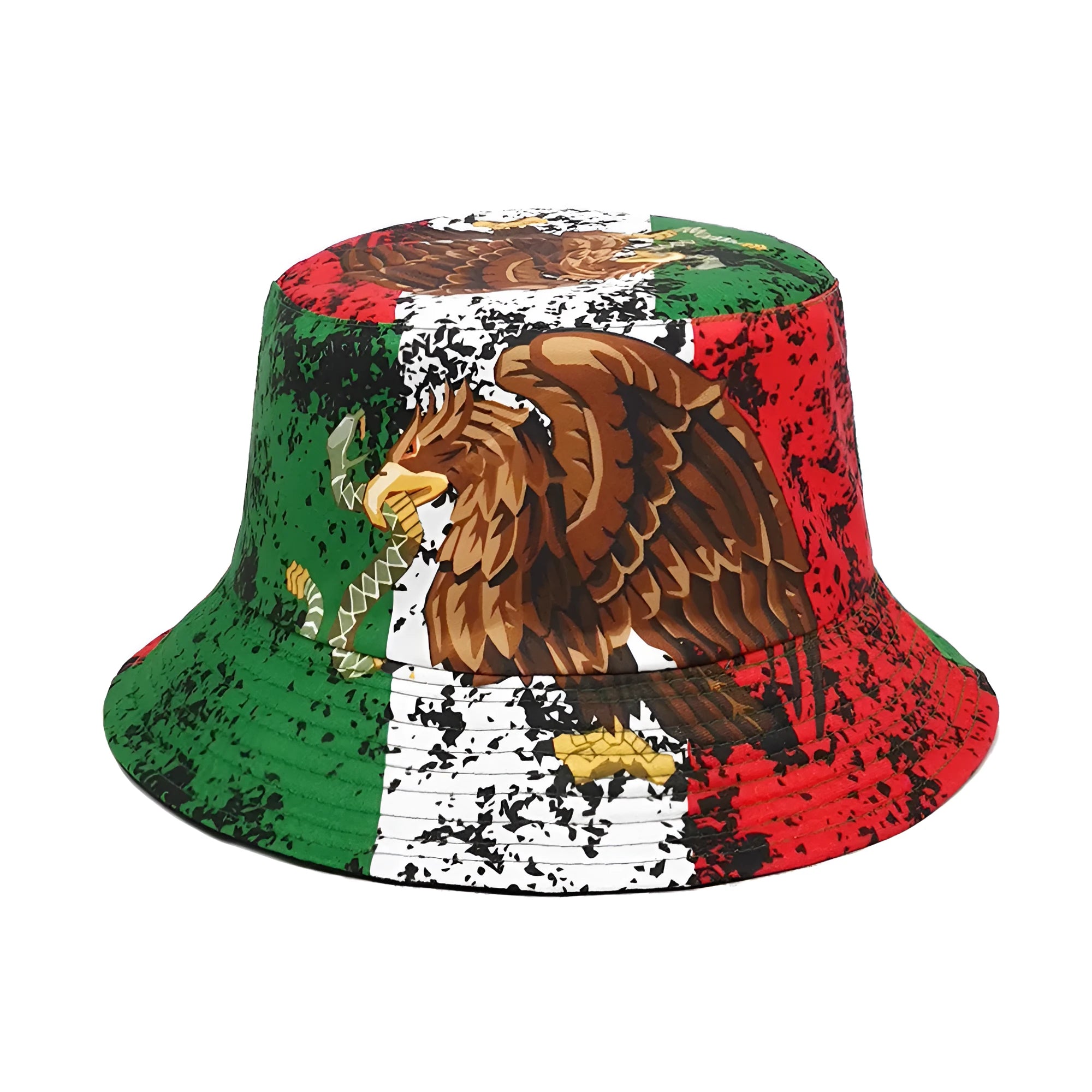 Retro-style bucket hat with eagle pattern, dome crown, in polyester fabric.