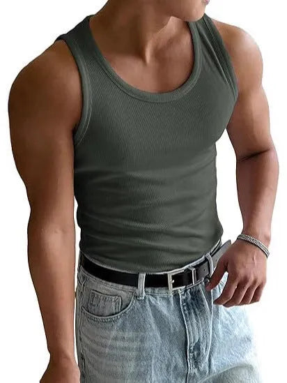 Men's slim fit round neck sports T-shirt in polyester fabric on a hanger